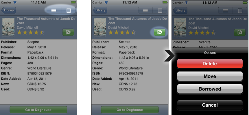 Show the summary or larger cover image. Move an entry or mark it as borrowed.