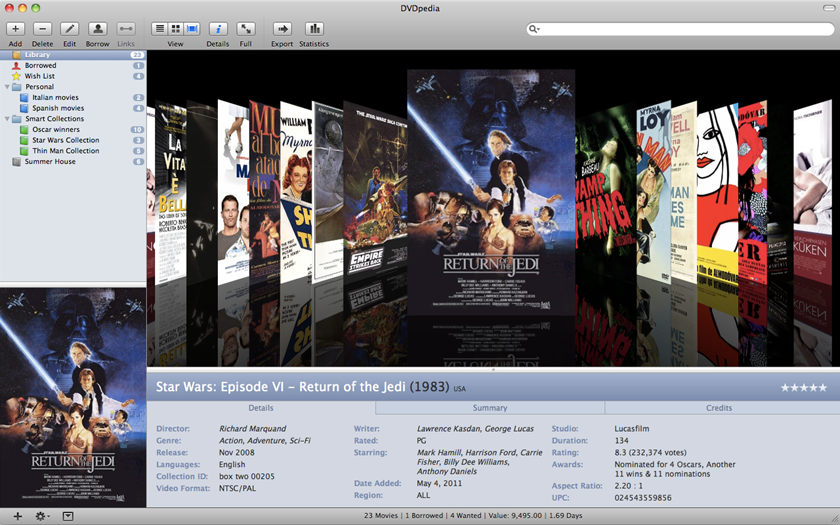 Cover Flow view with details template "Collection" (DVDpedia) 